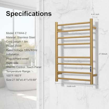 Electric Heated Towel Warmer - Wall Mounted Bathroom Towel Rack, Plug-in Design & Gold Brushed Stainless Steel Finish 8 Bar Gold with Timer & Temperature Control - color: Gold With Timer 8 Bar Etw44-2, size: 8 Bar