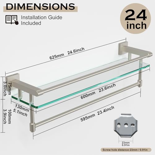 24-Inch Modern Wall-Mounted Bathroom Glass Shelf with 1 Shelf, Brushed Nickel, 1 Towel Bar, 45 lbs Weight Capacity - color: Brushed Nickel, size: 24-inch with Railing