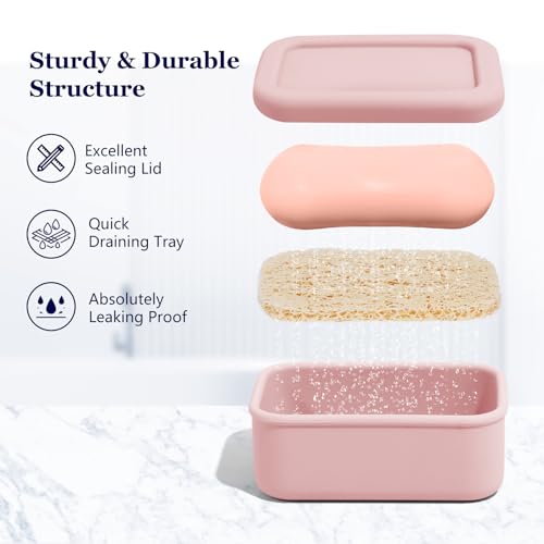Leak Proof Silicone Travel Soap Case with Draining Tray - Bar Soap Holder for Travel, Gym & Camping - Mess-Free Portable Soap Container for Carry-on Bags (Light Pink) - color: Light Pink