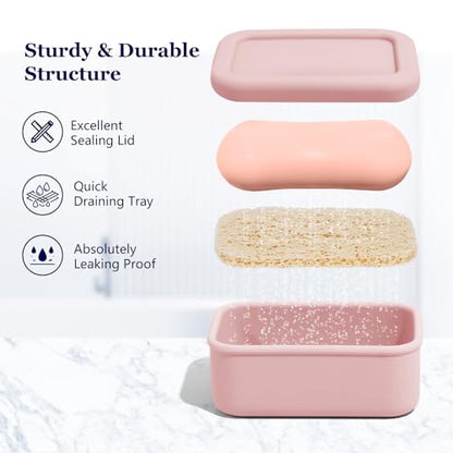 Leak Proof Silicone Travel Soap Case with Draining Tray - Bar Soap Holder for Travel, Gym & Camping - Mess-Free Portable Soap Container for Carry-on Bags (Light Pink) - color: Light Pink