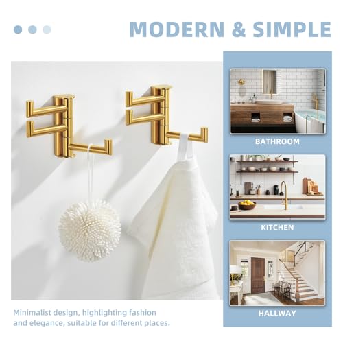 Suyar Brushed Gold Towel Hook, Bathroom Swivel Coat Robe Holder with 3 Arms | SUS304 Stainless Steel, Wall Mounted, 2 Pack - color: Brushed Gold, size: 2 Pack