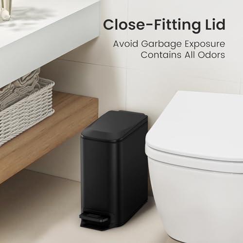 Cesun Small Bathroom Trash Can with Lid, 1.6 Gal, Soft Close, Matte Black | Step pedal soft close, Slim 5.9in fits narrow spaces, Stainless steel, Anti-fingerprint, Removable inner bucket, Odor seal - color: Matte Black