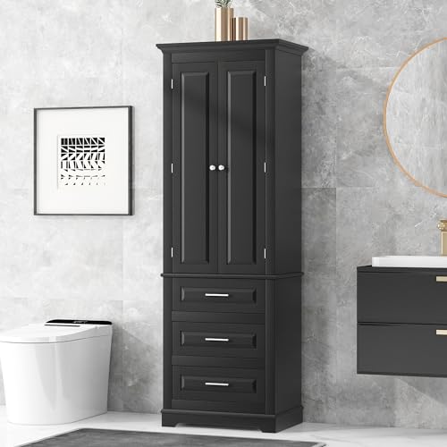 JIVOIT Modern 70" H Tall Storage Cabinet with Three Drawers, Bathroom Storage Cabinet with Adjustable Shelf, Floor Cabinet for Office Bathroom Kitchen (Black * 17) - color: Black * 17