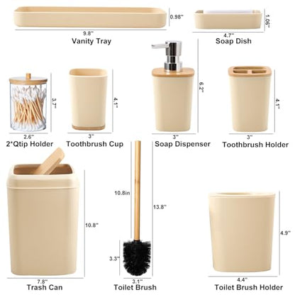 Beige Bathroom Accessories Set 9 Piece Bathroom Accessory Set with Trash Can,Toothbrush Holder,Toothbrush Cup,Lotion Soap Dispenser,Vanity Tray,Soap Dish,Toilet Brush,Qtip Holder - size: Bath Set, style: Beige