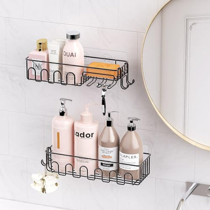 4-Pack Adhesive Shower Caddy, Wall Mounted Bathroom Shelf, Black | 2 Open Grid Baskets, Drill-Free Adhesive, 2 Detachable Hooks, Rustproof Metal, Ideal Bathroom Kitchen Shelf, Holds 25Lbs - color: Black