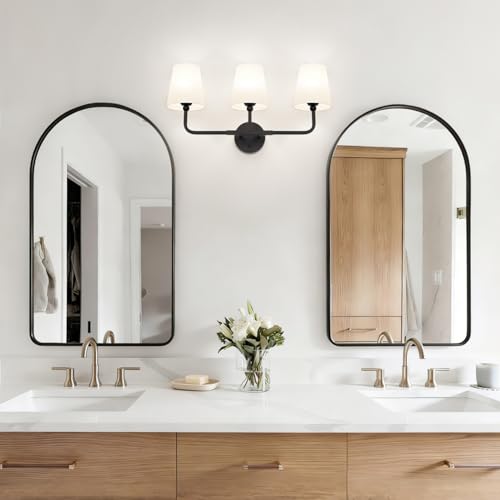 MOKATNG Bathroom Light Fixtures, 3-Light Matte Black Vanity Lights, Bathroom Lighting Fixtures Over Mirror with Flared White Fabric Shade, Modern Wall Sconces for Living Room Hallway - color: Matte Black & White Shade