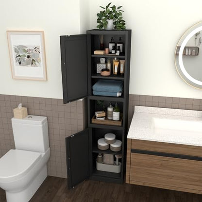 67" Metal Bathroom Storage Cabinet, Black | Tall Narrow Design, 2 Doors & 6 Shelves, Slim Skinny Cabinet, Multi-Room Use - color: Black