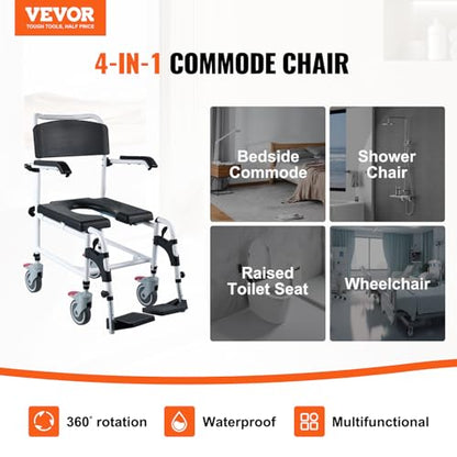 VEVOR Shower Commode Wheelchair with 4 Lockable Wheels, Footrests, Flip-up Arms, 3-Level Adjustable Height, 5L Removable Bucket, 350 LBS Capacity, Commode Chair for Adults Seniors | with 4 Lockable Wheels, Footrests, Flip-up Arms, 3-Level Adjustable Heigh