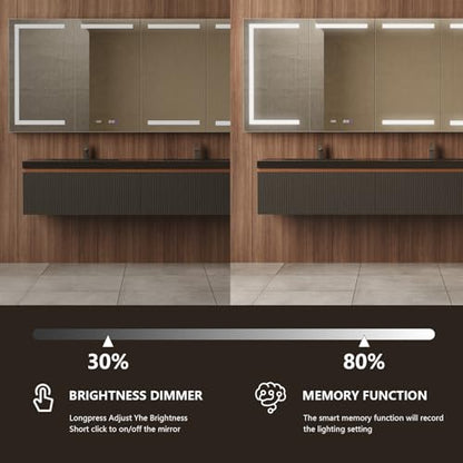 84" W Smart Lighted Medicine Cabinet with Mirror for Bathroom, Recessed/Surface Mount Medicine Cabinet with Anti-Fog, 1800W Charging Station, USB Ports, 3 Color Lights
