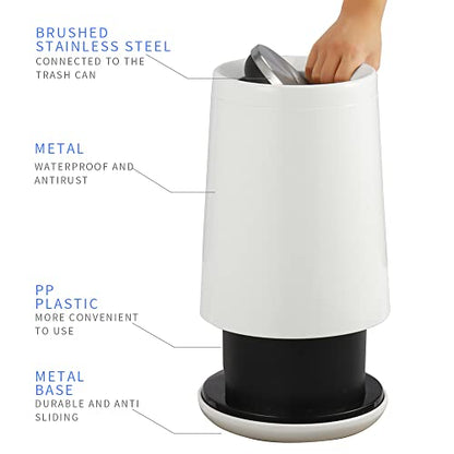 Household Swing White Bathroom Trash Can，Brushed Stainless Steel，10 L/3 Gallen，Garbage Can with Flipping Lid， for Indoor or Commercial Use, Kitchen,Modern，Living Room,Bedroom