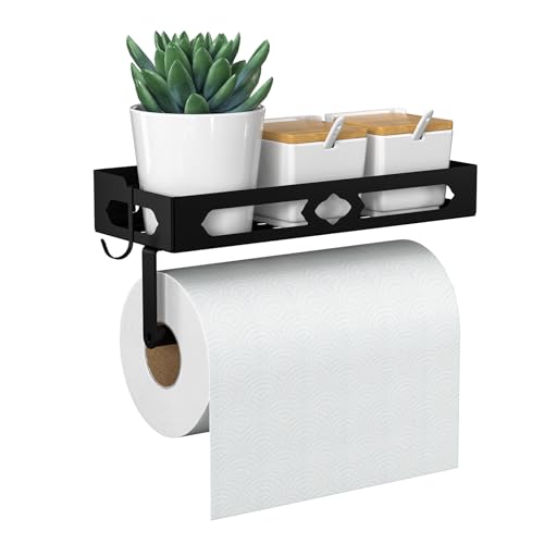 Wall Mount Paper Towel Holder with Shelf, Self Adhesive or Drill, Black | Easy One-handed Operation Design, Metal Hand Paper Towel Holder for bathroom, Kitchen, RV Paper Roll Holder Rack with 2 Hooks - color: Black
