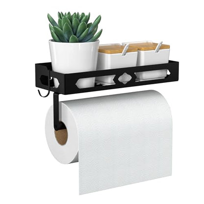 Wall Mount Paper Towel Holder with Shelf, Self Adhesive or Drill, Black | Easy One-handed Operation Design, Metal Hand Paper Towel Holder for bathroom, Kitchen, RV Paper Roll Holder Rack with 2 Hooks - color: Black