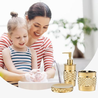3-Piece Gold Ceramic Bathroom Accessories Set - Luxurious Soap Dispenser, Toothbrush Holder & Soap Dish with Modern Geo Embossed Design for Bathroom Accessory Set - color: Gold 022