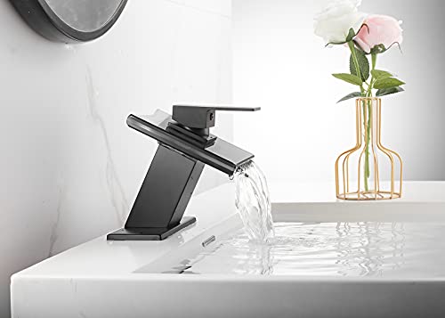 Black Waterfall Glass Spout Bathroom Faucet with Cover Plate Deck Mount | Single Handle One Hole Bath Sink Faucet Vanity Lavatory Basin Mixer Tap - color: Black, style: No Led