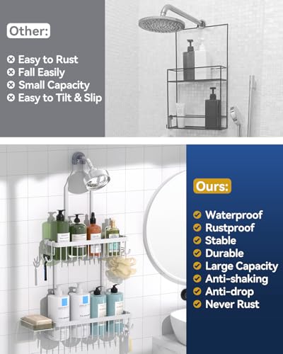 Never Rust Shower Caddy Hanging, Aluminum Shower Racks for Inside Shower, 2-Tier Shower Organizer Hanging Over Shower Head with Hooks and Soap Holder, White - color: White