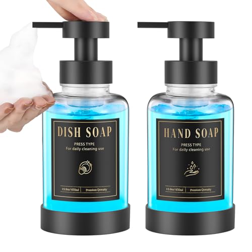 Luxspire Glass Foaming Soap Dispenser 15oz Hand Soap Bottle, Clear, 2 Pack | Anti-drip pump, wide mouth easy refill, non-slip silicone base, 7 waterproof labels, bathroom and kitchen sink use - color: Clear