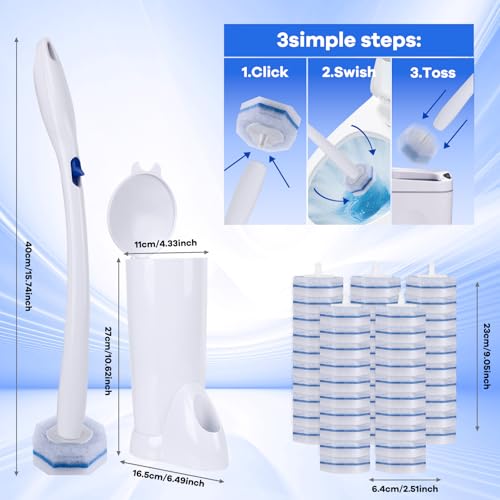 Disposable Toilet Brush and Holder Set with 50 Thickened Refills | Heavy-duty Design, Thick Cleaning Layer, Won't Fall Apart, Large Opening Storage Caddy, Long Handle, Home & Commercial Use