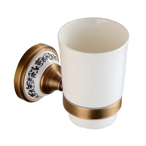 Antique Bronze Brass Toothbrush Holder Cup Holder with White Ceramic Tumbler, Wall Mounted Bathroom Hardware Accessories,Porcelain Design - color: Toothbrush Holder