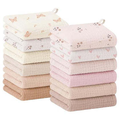 Bearmoss 12 Pack Baby Muslin Washcloths, 100% Cotton 10"x10" Face Towels | Soft Absorbent Bath Wash Cloths and Burp Cloths for Newborn Infants Kids Girls & Boys (Pink Brown) - color: Pink