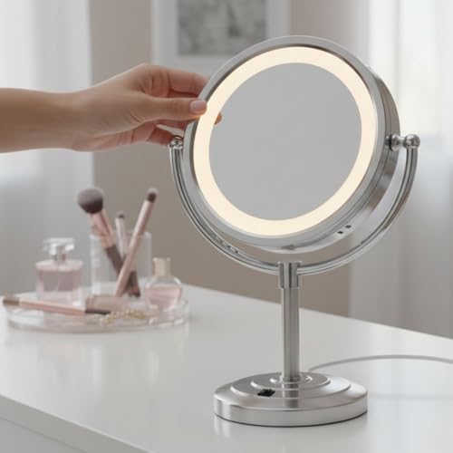JERDON Lighted Makeup Mirror with 5X Magnification - Nickel - HL745NC | Two-Sided 1X View, 8.5" Diameter, 15.5" Tall, Halo Lighting - color: Nickel