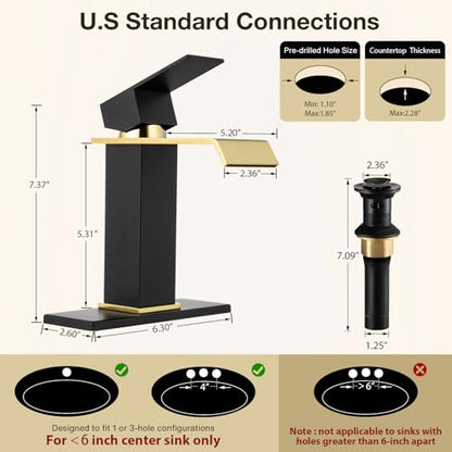 Bathroom Faucet Black & Gold Bathroom Sink Faucet Waterfall, Single Handle Vanity Faucet 1 Hole SUS304 Stainless Steel NSF PEX Tubing, CEC Certified, Pop-Up Drain & Supply Lines Included - color: Black and Gold, size: Short