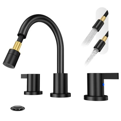Pull Out Sprayer Matte Black 8 Inch Bathroom Sink Faucet, Widespread 2 Handles 3 Hole Pull Down Bathroom Faucet, with Pop Up Drain and Water Supply Line, BF04022-K01-MB - color: Matte Black