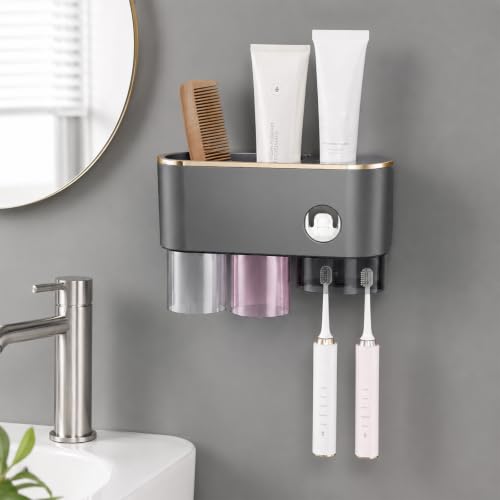 Bathroom Toothbrush Holder —Wall-Mounted Toothbrush Organizer (with Automatic Toothpaste Dispenser), Magnetic Rinse Cup Design, No-Drill Bathroom Vanity Storage Tray (Gunmetal Gray (2 Cups)) - color: Gunmetal Gray (2 Cups)