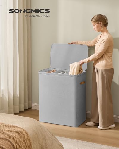 SONGMICS Laundry Basket, 50.2 Gal. Laundry Hamper, 3 Compartments, Easy Assembly, with Lid and Handles, Removable Liners, 25.2 x 15.7 x 29.5 Inches, Dove Gray ULCB814GD01 - color: Dove Gray, size: 190 L (3-Section)