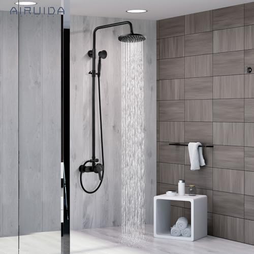 Airuida Matte Black Exposed Shower System with Handheld Spray | Single Handle,Wall Mount,8 Inch Rainfall Shower Head,Dual Function,Exposed Pipe Fixture for Bathroom - color: Matte Black
