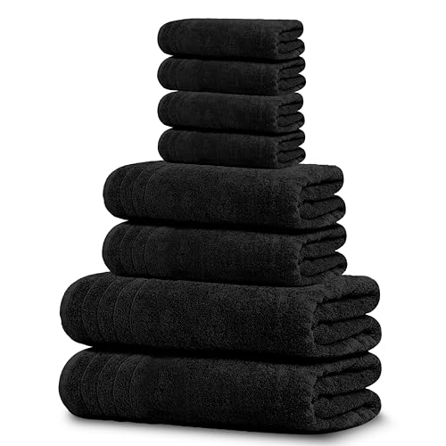 8 Piece Towel Set, 2 XL Bath, 2 Hand, 4 Washcloth, Black | 100% Cotton, Lighter Weight, Quicker to Dry, Super Absorbent, Perfect for Bathroom - color: Black