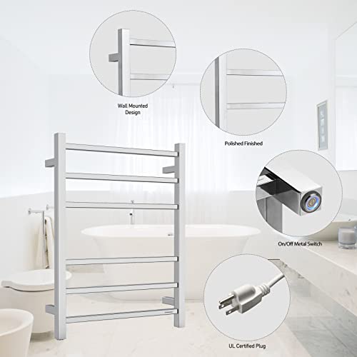 Towel Warmer Polished Chrome for Bathroom Wall Mounted Bath Towel Heater Plug-in Electric Heated Towel Rack Stainless Steel Square 6 Bars Drying Rack ETW13C 68W 26.77x20.47x4.13 inches
