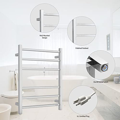 Towel Warmer Polished Chrome for Bathroom Wall Mounted Bath Towel Heater Plug-in Electric Heated Towel Rack Stainless Steel Square 6 Bars Drying Rack ETW13C 68W 26.77x20.47x4.13 inches