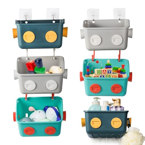 Noamus 6 Pack Bath Toy Storage Organizer Basket, 3 Layers Wall Mounted Hanging Shower Caddy, Plastic Robot Modeling Kitchen Shelf with Hook, No Drilling Colorful Toy Holder for Kid Bathtub Shampoo - color: Green, Blue, Grey