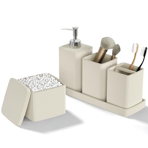 Beige Bathroom Accessories Set 5 Pieces, Resin Toothbrush Holders Set Complete with Soap Dispenser, Toothbrush Holder, Vanity Tray, Bathroom Tumbler and Qtip Holder for Small Spaces - size: 5 Pcs Bathroom Set, style: Beige