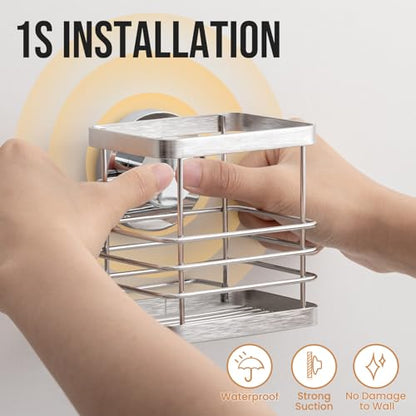 Powerful Suction Cup Stainless Steel Toothbrush Holders, Silver | Removable Shower Tooth brush and Toothpaste Holder, Strong Suction Up to 11lbs, Anti-Puddling ,No Drill Bathroom Organizer - color: Silver
