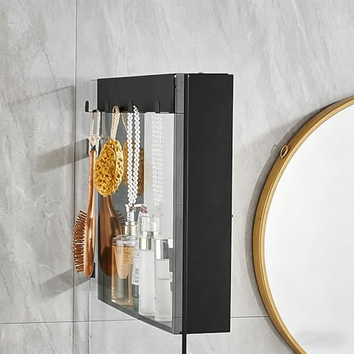 Matte Black Hanging Glass Shower Shelf with Hooks, 20"x16" Rustproof 304 Stainless Steel Bathroom Caddy, No-Drill Modern Organizer for Shower Panels