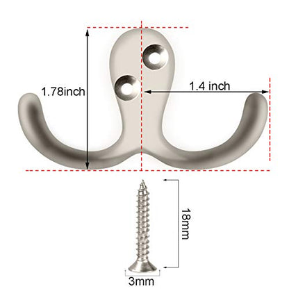 IBosins 8 Pack Silvery Double Prong Coat Hooks Wall Mounted with 16 Screws | Heavy Duty Retro Double Hooks Utility Hooks for Coat, Scarf, Bag, Towel, Key, Cap, Cup, Hat - color: 8 Pcs Silvery