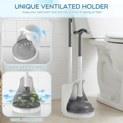 Reallnaive 2 Pack Toilet Brush and Plunger Set 22 Inch Extended Handle Plunger Heavy Duty Toilet Bowl Brush Combo with Holder Bathroom Tools Professional Cleaning Supplies Kit for Maintenance