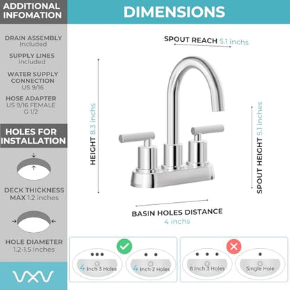 VXV Bathroom Faucet 4 Inch 2 Handle Centerset Sink Faucet 360 Swivel Spout with Pop-up Drain Chrome - color: Chrome