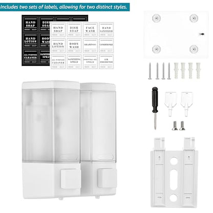 Shampoo and Conditioner Dispenser for Shower, 2 Chamber, White | Clog-Free Pump for Thick Liquids, 16.9oz Large Capacity, No Drill Wall Mounted Compact Design for Small Bathroom - color: Dm25-white