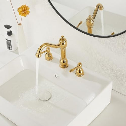 2 Handles 3 Holes Faucet Widespread Bathroom Sink Faucet Basin Tap Mixer Supply Hose Included Matching Pop Up Drain Polished Gold - color: Polished Gold, size: Widespread