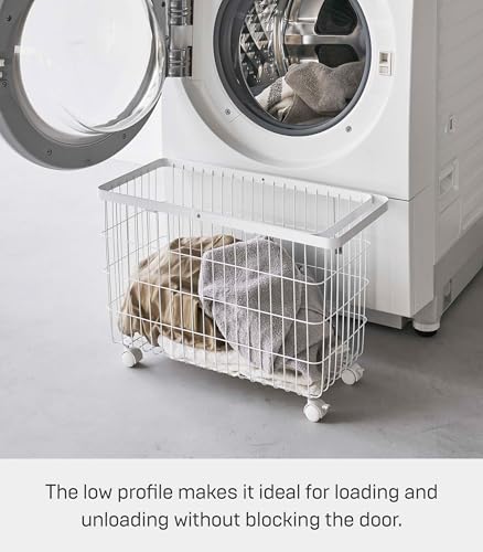 Yamazaki Home Rolling Laundry Basket, Short, Wheeled Hamper, Steel, White | Small metal laundry hamper cart features smooth-rolling wheels and a convenient built-in handle. Suits modern home storage. - color: White