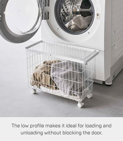 Yamazaki Home Rolling Laundry Basket, Short, Wheeled Hamper, Steel, White | Small metal laundry hamper cart features smooth-rolling wheels and a convenient built-in handle. Suits modern home storage. - color: White