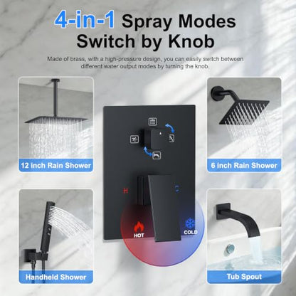 Matte Black Rainfall Shower System – Complete Spa Faucet Set with Handheld Sprayer & Mixer Valve – Tub Spout High Pressure Bathroom Fixture Trim Kit - color: Matte Black, size: 6''+12''+Bathtub Faucet