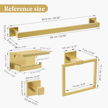 TURS Bathroom Hardware Set Brushed Gold 4-Piece Towel Bar Set Include 24 Inch Towel Bar Towel Ring Towel Hook Toilet Paper Holder with Shelf Wall Mounted. - color: Brushed Gold, size: Set C