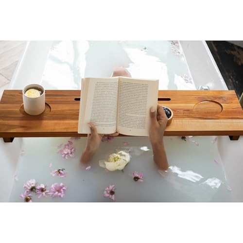 Bathtub Tray for Standard Tubs – 29" Adjustable Teak Wood Bath Caddy | Anti-Tip, Non-Toxic, Waterproof, Sustainable Bath Tray Organizer for Relaxing Spa & Home Use