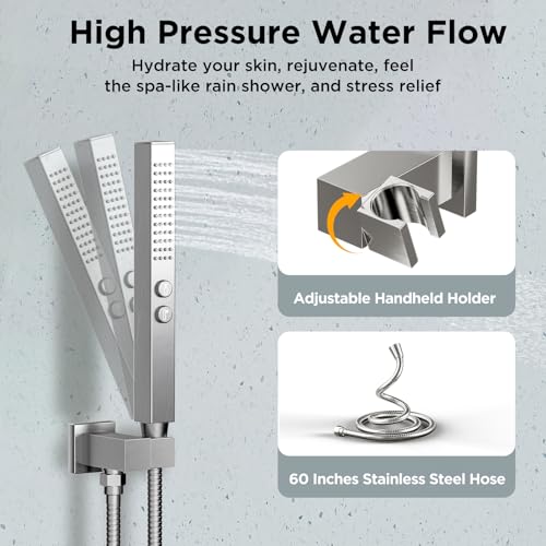 Rainfall Shower System with 4 Body Spray Jets, STARBATH 4 Way 12 + 6"Rainfall Shower Head with Handheld Combo, Shower Jets System High Pressure Shower Faucet Set, Brushed Nickel - color: Brushed Nickel, size: 6"+12"-03