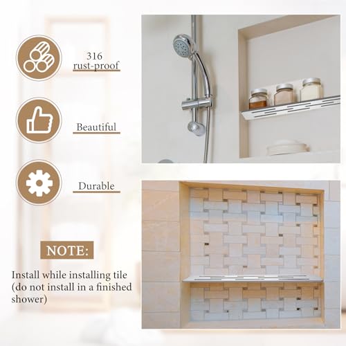 Teenyyou 2 Pack Shower Niche Rectangular Shelf for 12 Inch Prefabricated Board Niches, 4mm Thick, Marine Grade Brushed 304 Stainless Steel Finish Fits 1/8 Grout Line, for Bathroom Remodel