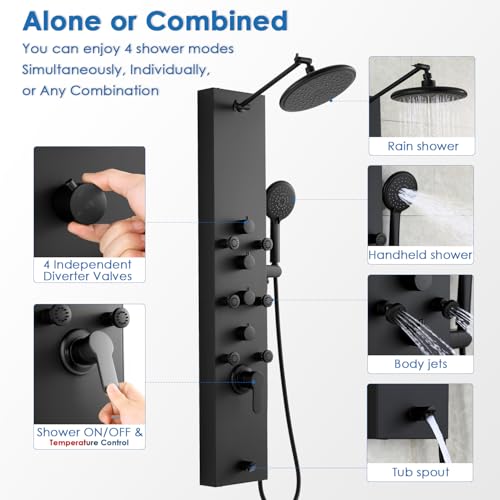 ROVOGO Shower Panel Tower System, Simultaneous 4 Shower Modes, Matte Black | Rain Shower Head+Handheld+Body Jets+Tub Spout, Height Adjustable Shower Arm, Stainless Shower Column W/ Brass Valve, 43.3" - color: All Black-Adjustable Rain Head