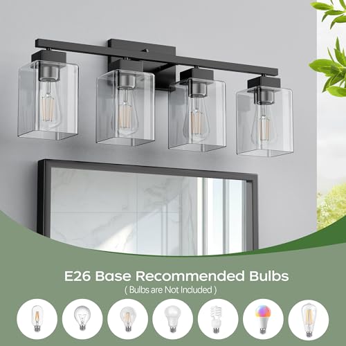 4-Light Bathroom Light Fixtures, Matte Black Modern Vanity Lights, Bathroom Lighting Fixtures Over Mirror, Square Design Farmhouse Wall Sconces with Clear Glass Shades - color: Matte Black, size: 4-Light